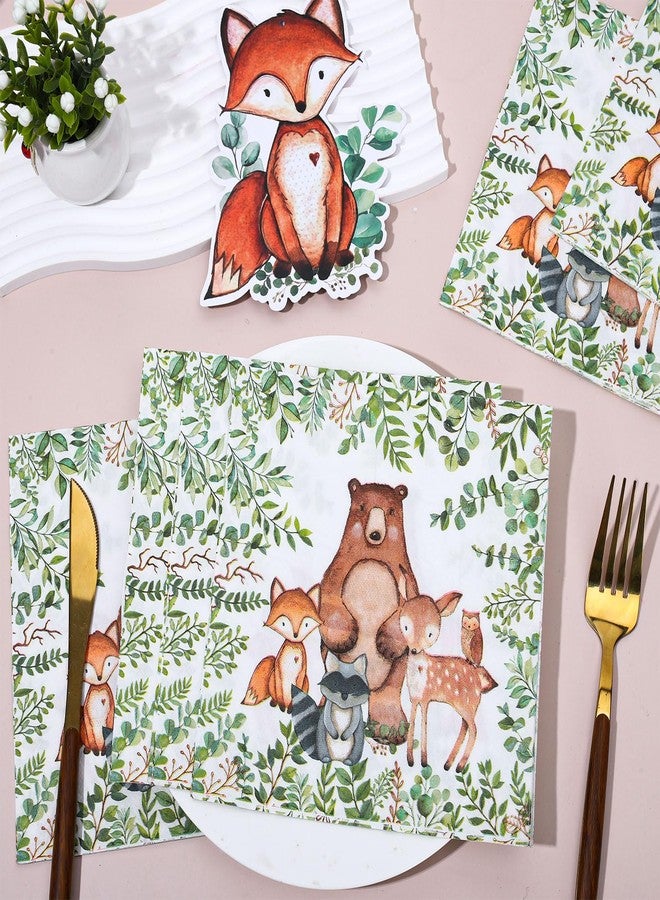 JarThenaAMCS مناديل ورقية لحفلات استقبال المولود الجديد من جارثينا إيه إم سي إس، 100 ورقة، بتصميم حيوانات الغابة، مناديل ورقية للاستخدام مرة واحدة، مزينة برسومات حيوانات الغابة، مثالية لحفلات الغداء والعشاء، مقاس 6.5 × 6.5 بوصة - Image 3